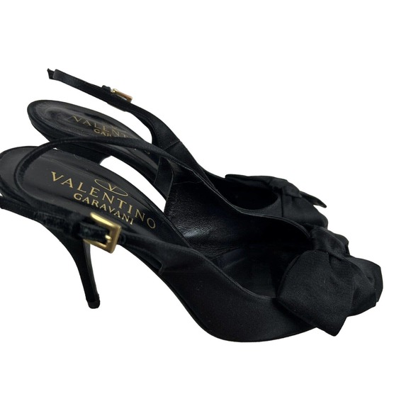 VALENTINO Garavani Candy Black Satin Bow Peep Toe Slingback Pumps - IT 39/US 9 - Picture 7 of 10